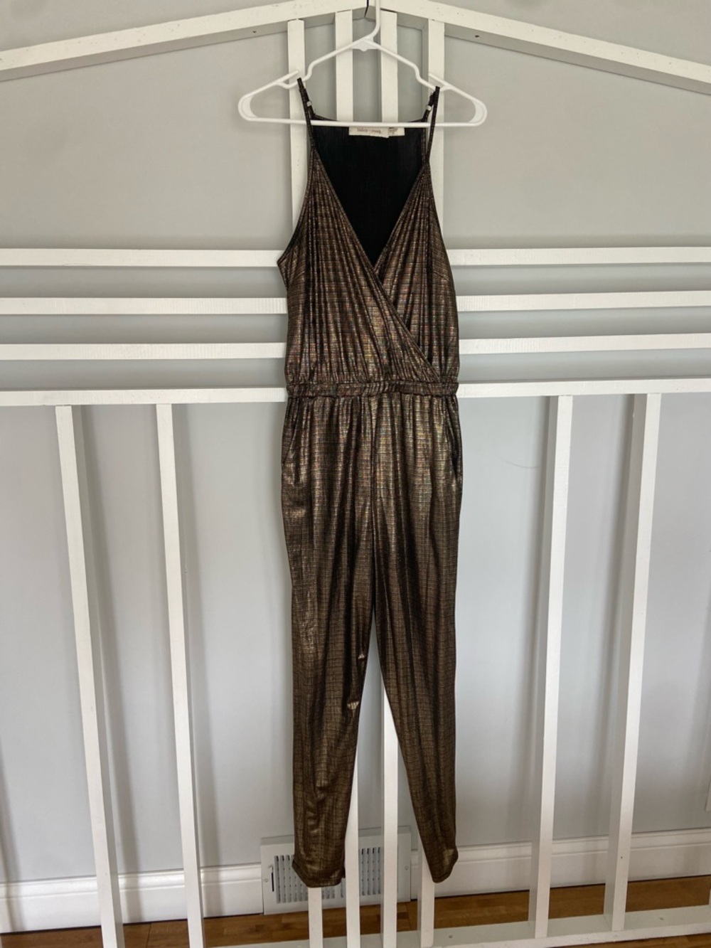 Bishop + Young Metallic Gold Jumpsuit | Size S | V-Neck Spaghetti Strap
